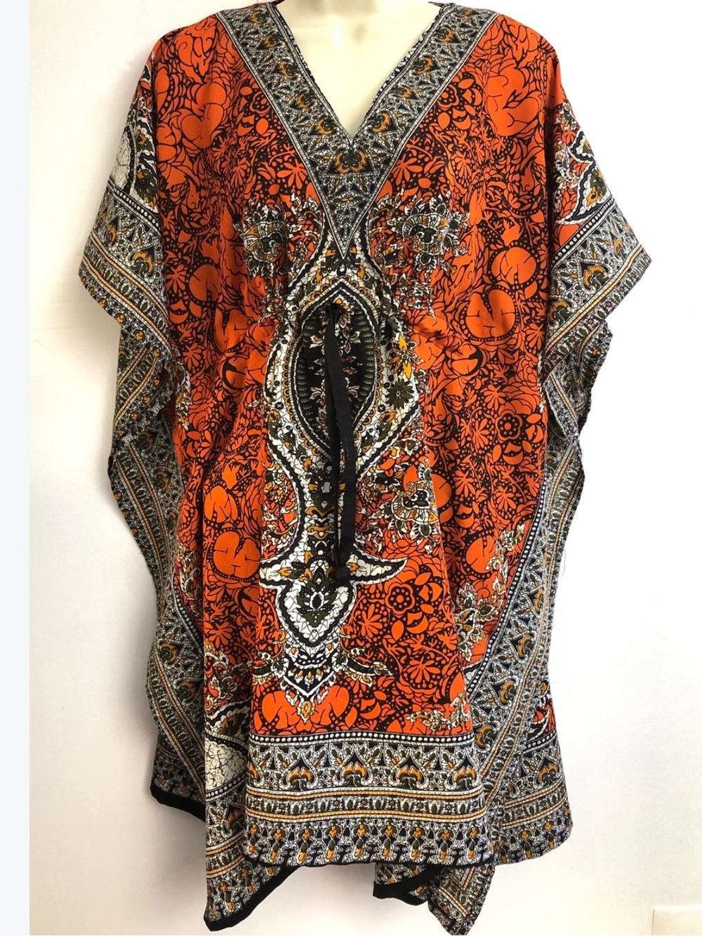 orange and black bohemian resort wear paisley print short kaftan coverup